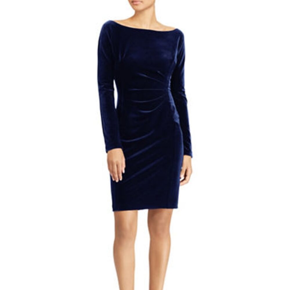 LAUREN Ralph Lauren Boat Neck Long Sleeve Velvet Sheath Cocktail Dress